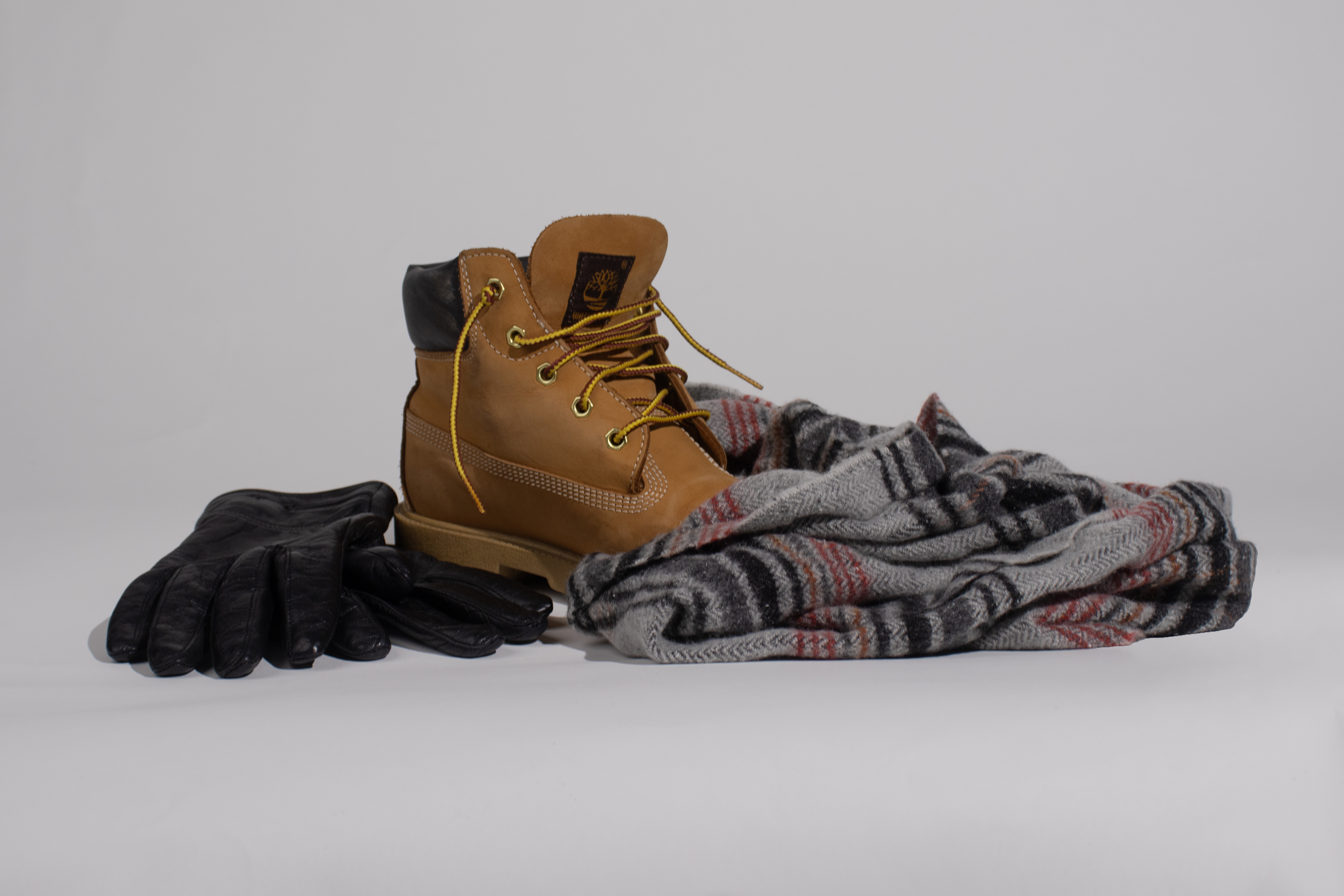 Scarf, boots, and gloves